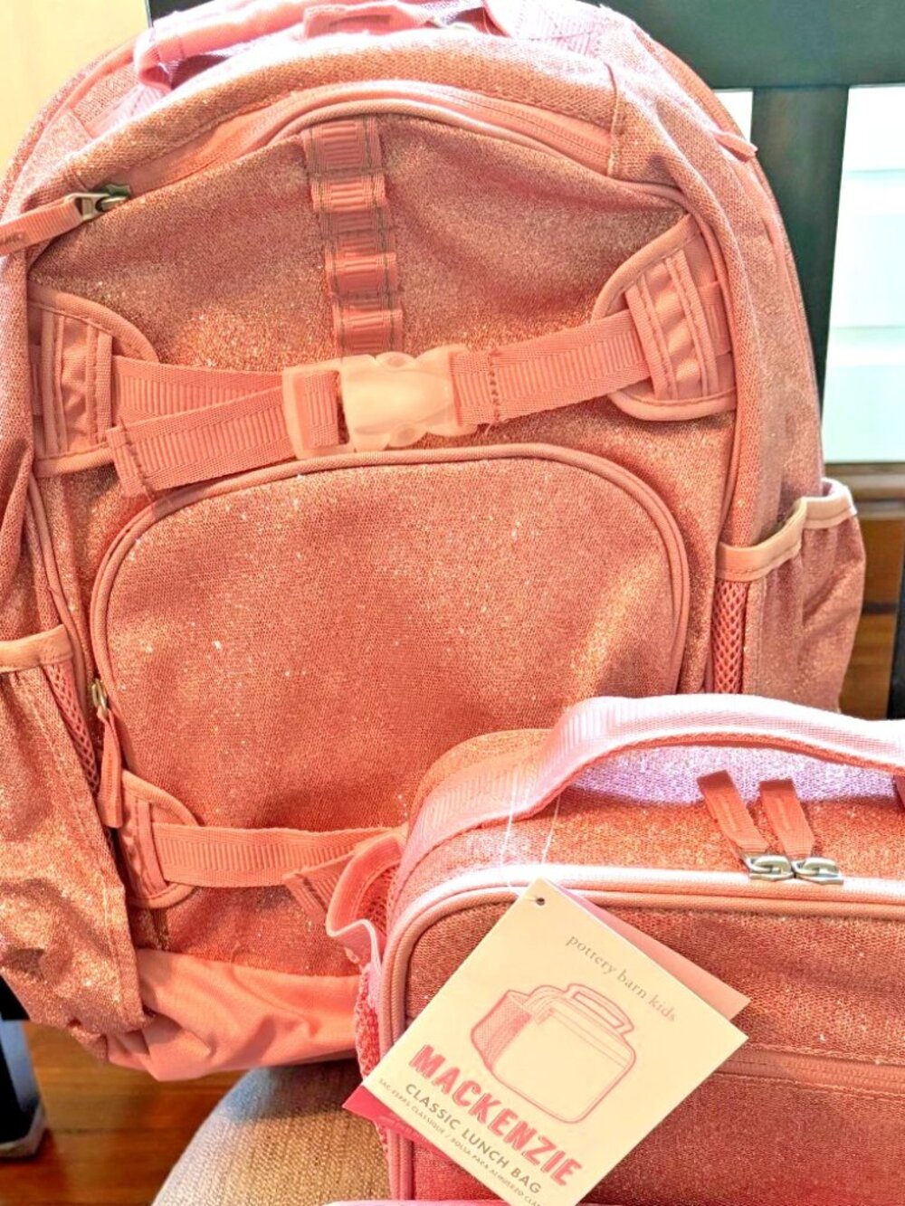 Pottery Barn School LARGE BACKPACK LUNCH BOX SET Travel girl pink glitter 3PC - Picture 6 of 7